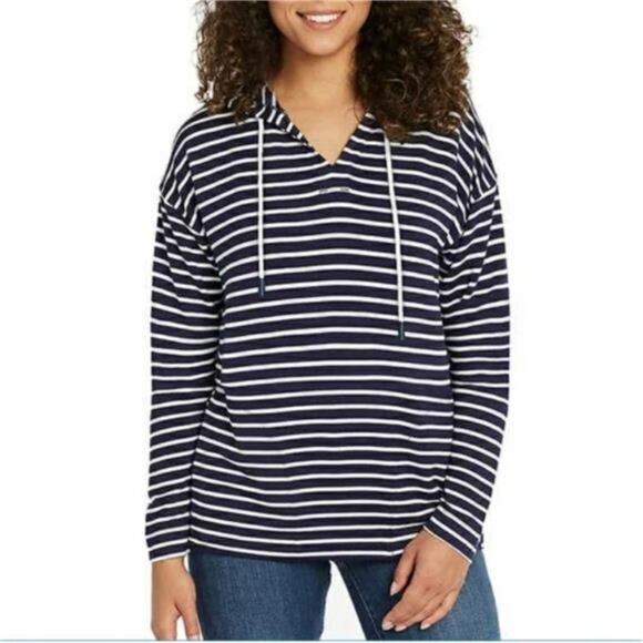 Buffalo David Bitton Sweaters - Buffalo David Bitton Women's Soft Knit Relaxed Fit Hoodie (Navy/White, Medium)